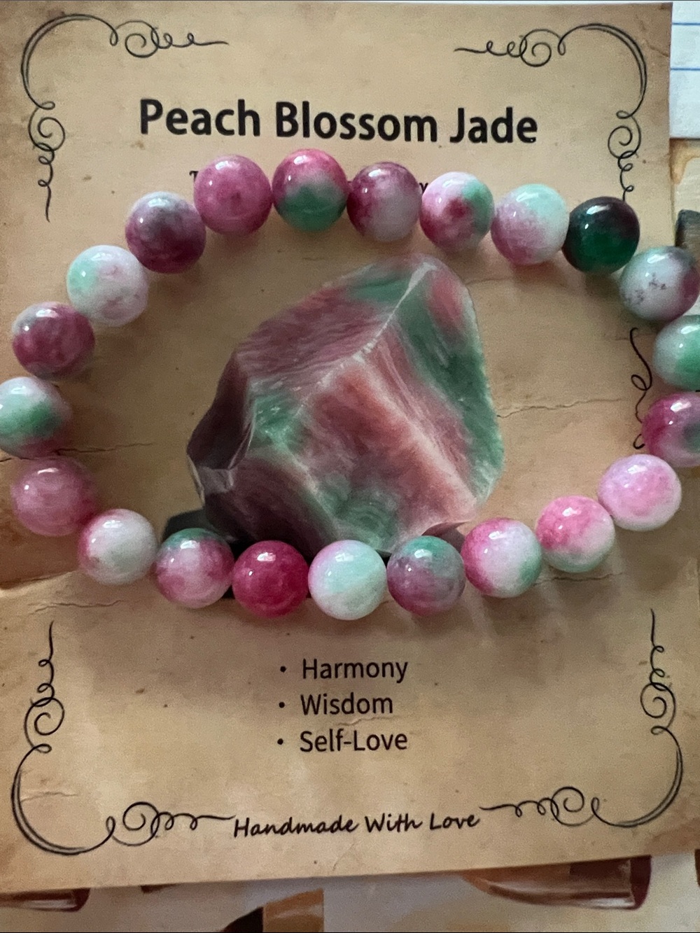 #2950 ** Peach Blossom Jade Beaded Bracelet - Pink & Green